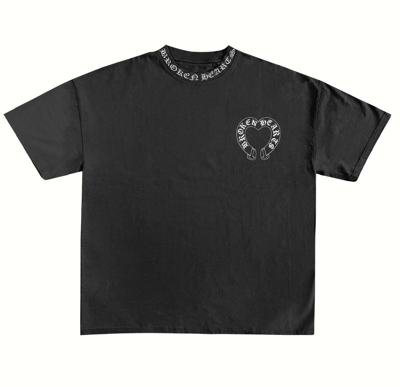 Front of a washed black Broken Hearts oversized tee with small chest horseshoe heart logo and Old English collar print