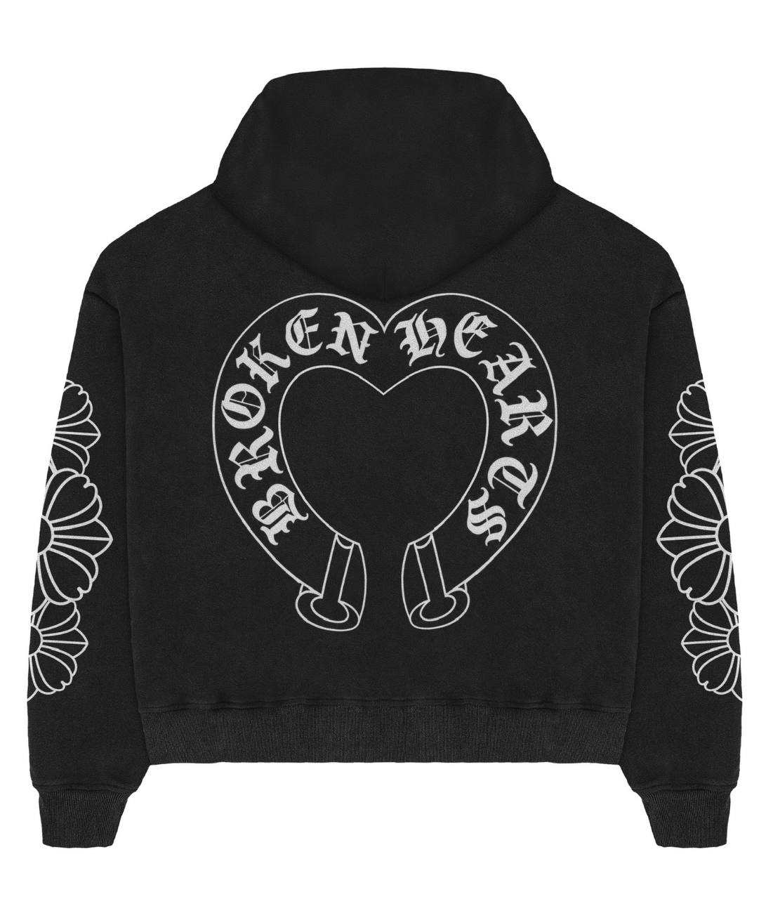 Back of a black Broken Hearts boxy hoodie with jumbo white horseshoe heart print and daisy floral sleeve panels